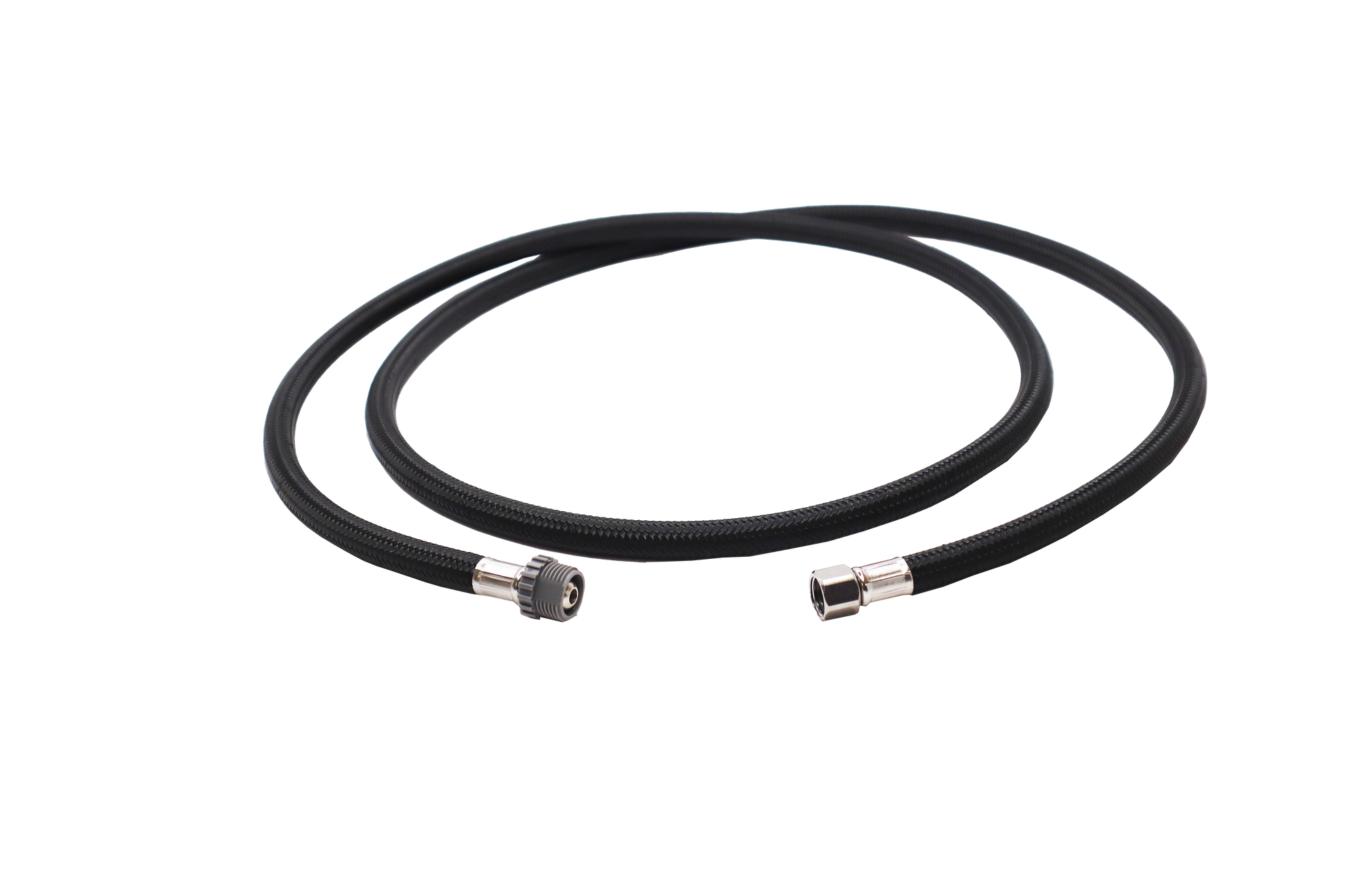 Black replacement kitchen faucet hose with metal connectors on both ends.