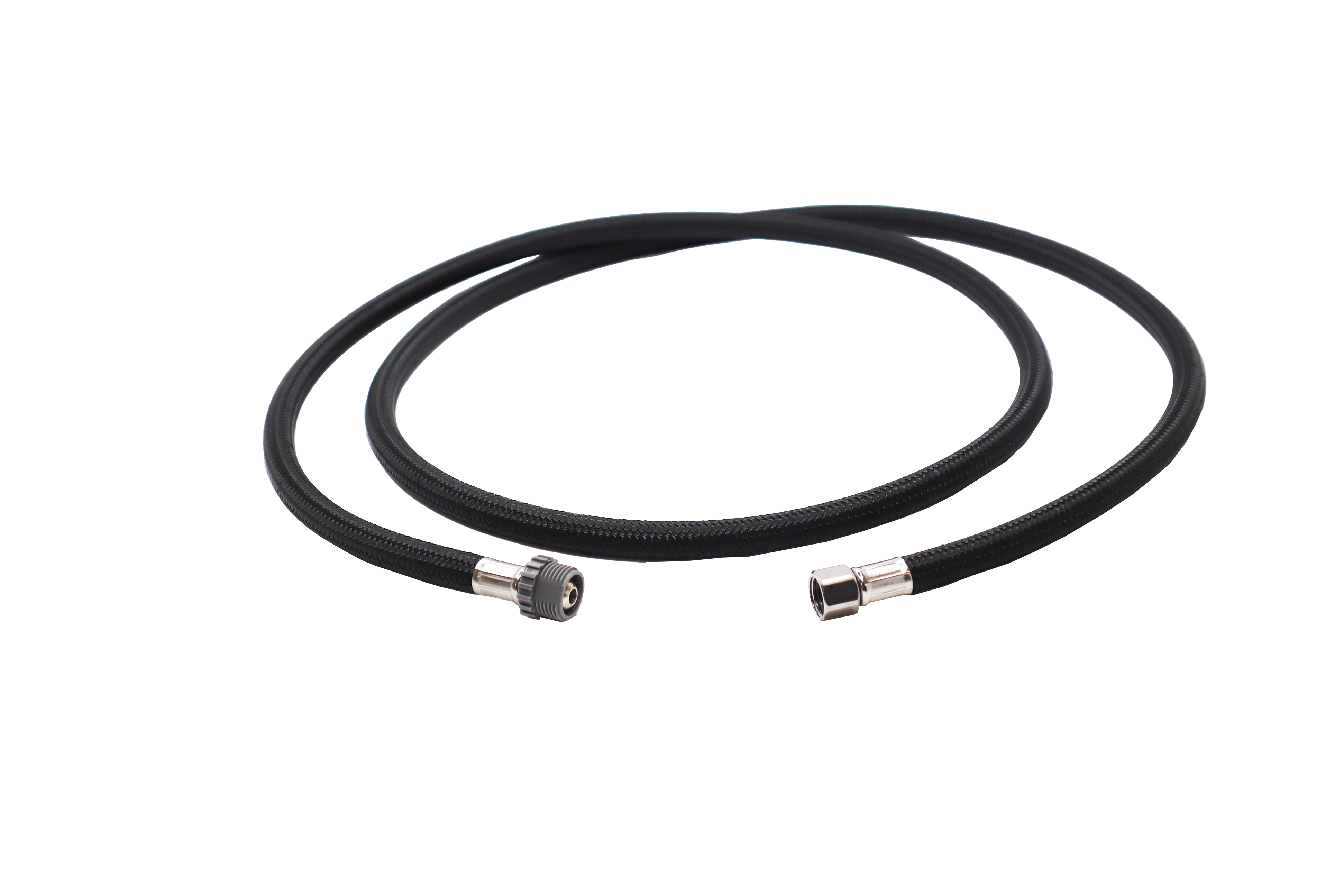 Black replacement kitchen faucet hose with metal connectors on both ends.
