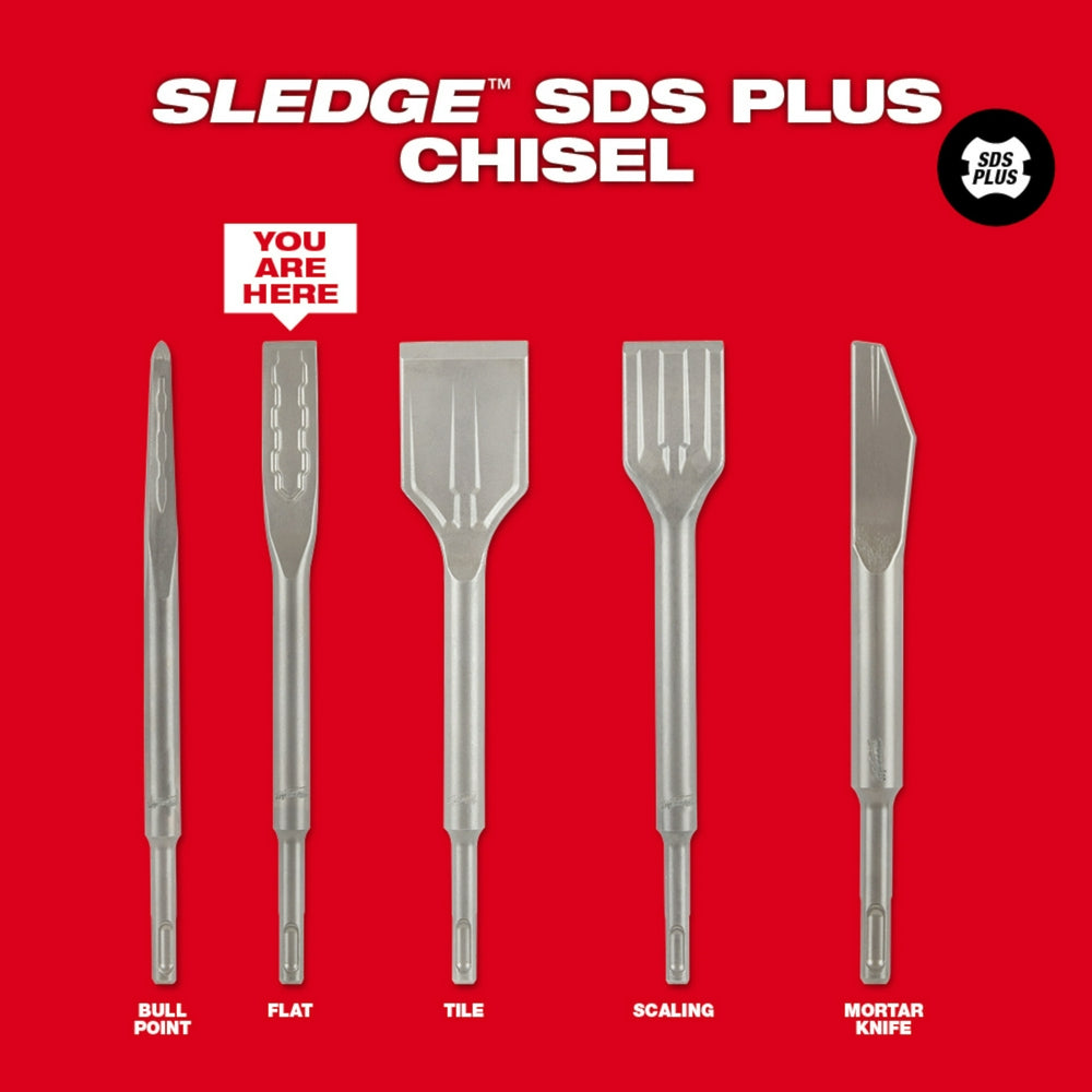 Steel SDS Plus flat chisel with pointed tip and cylindrical shank, displayed second from left among five chisel varieties on 