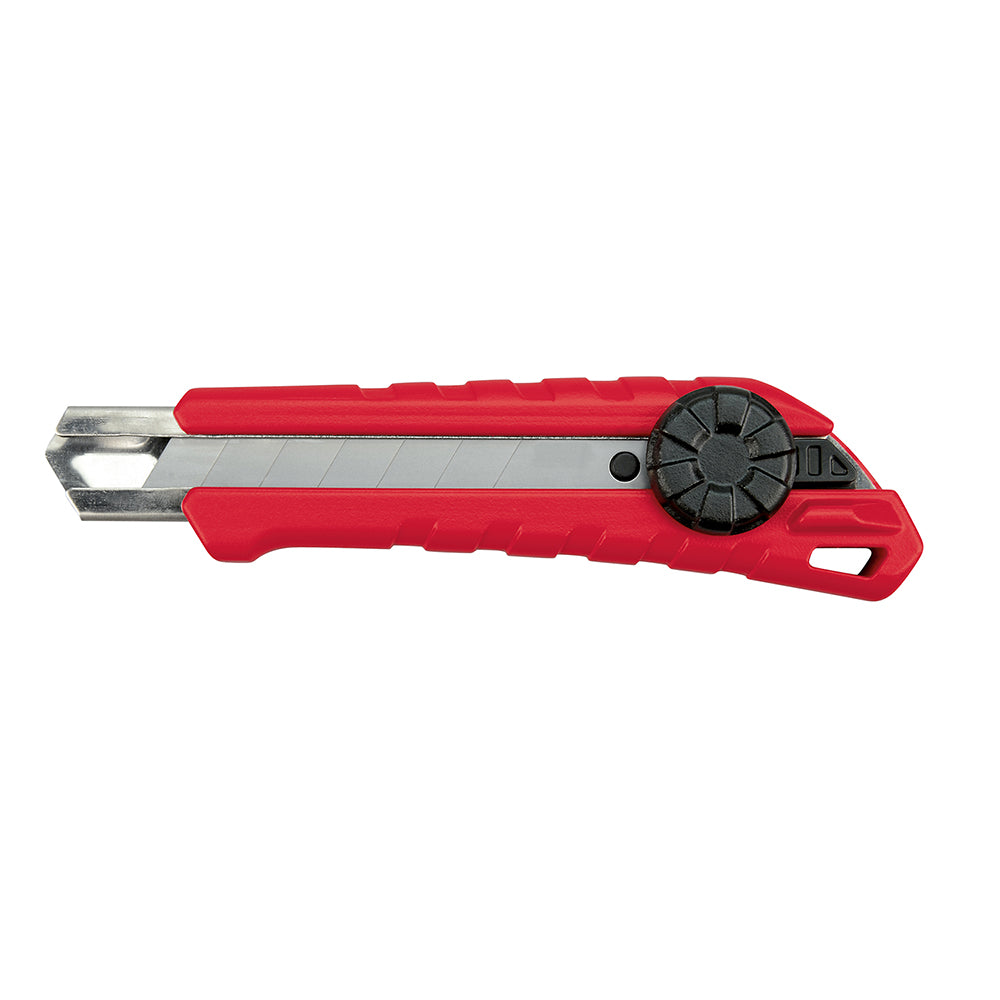 Red and black Milwaukee snap-off knife with metal blade, adjustment wheel, and ergonomic handle.
