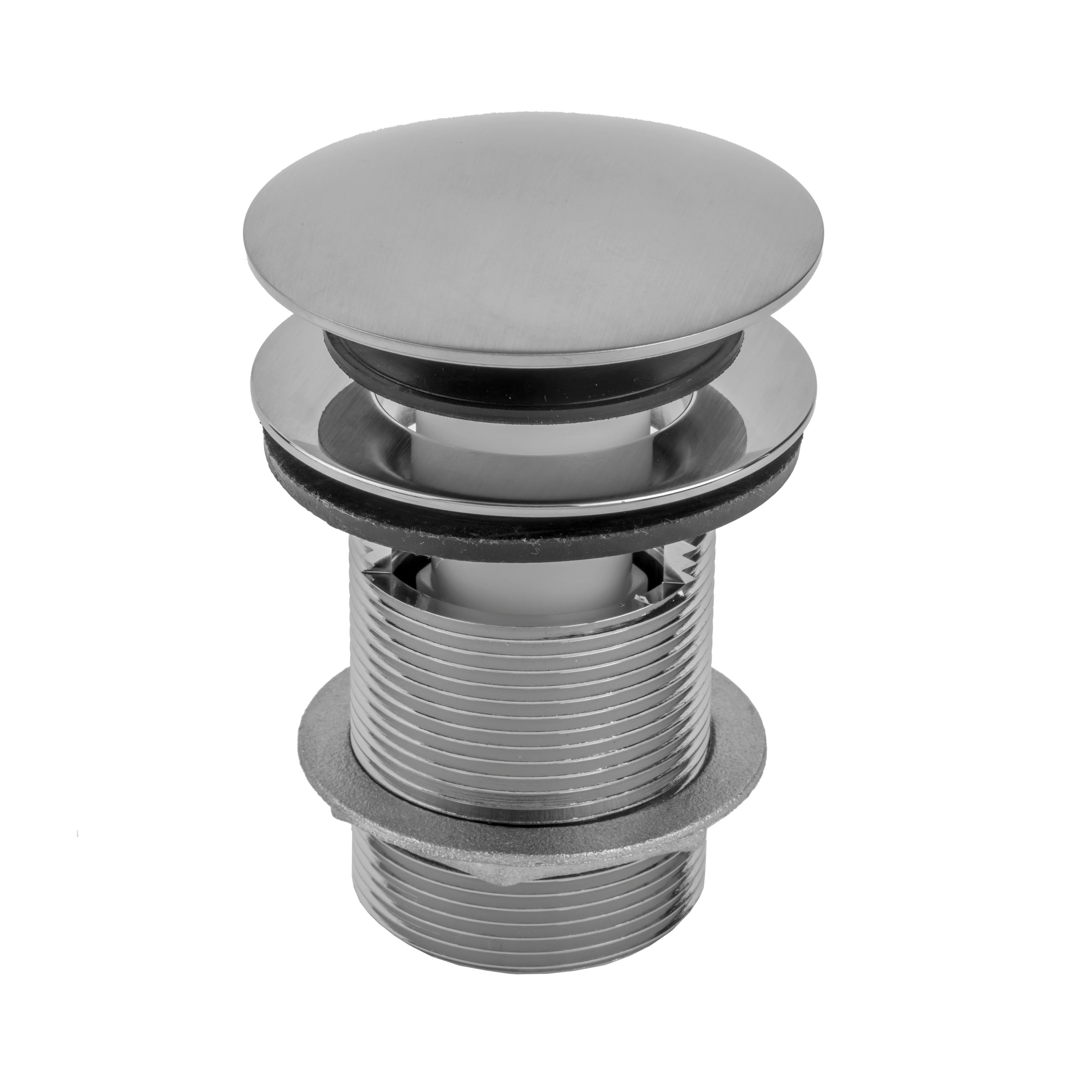 Satin nickel round drain strainer with threaded barrel, control knob top, and overflow opening.