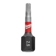 Single Milwaukee Shockwave Impact hex insert bit with 2.5 mm size marked on black hexagonal end and red band near tip.