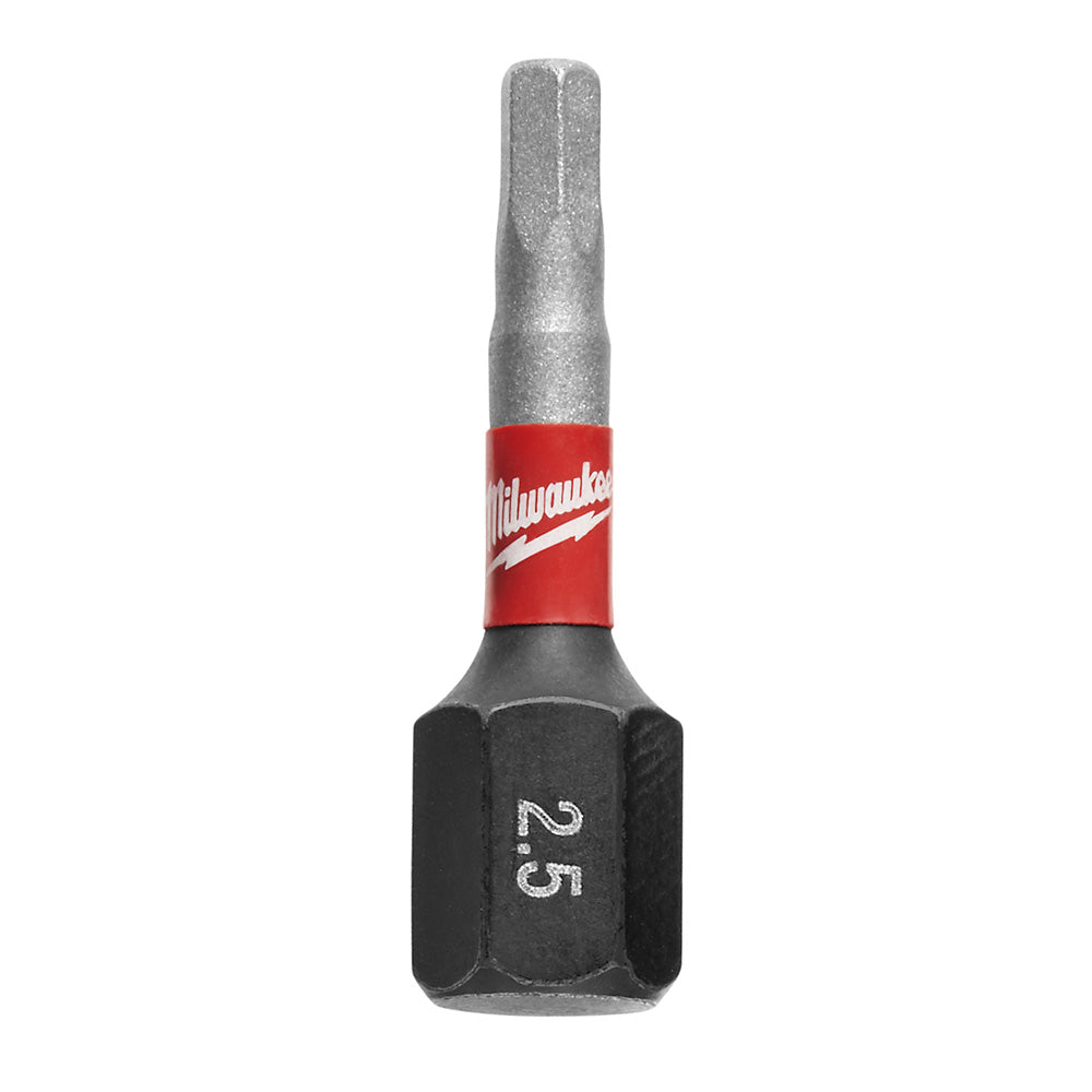 Single Milwaukee Shockwave Impact hex insert bit with 2.5 mm size marked on black hexagonal end and red band near tip.
