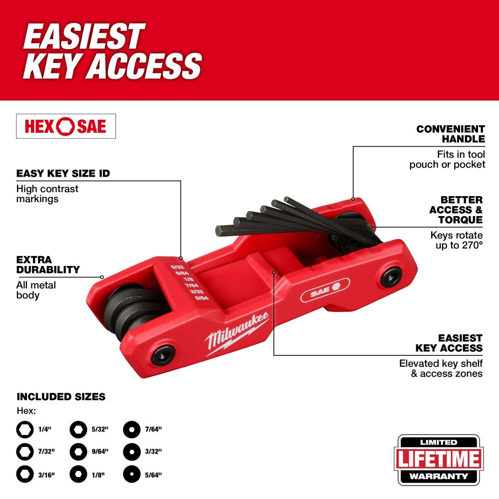 Milwaukee red metal folding hex key set with nine SAE sizes displayed in rotating holder.