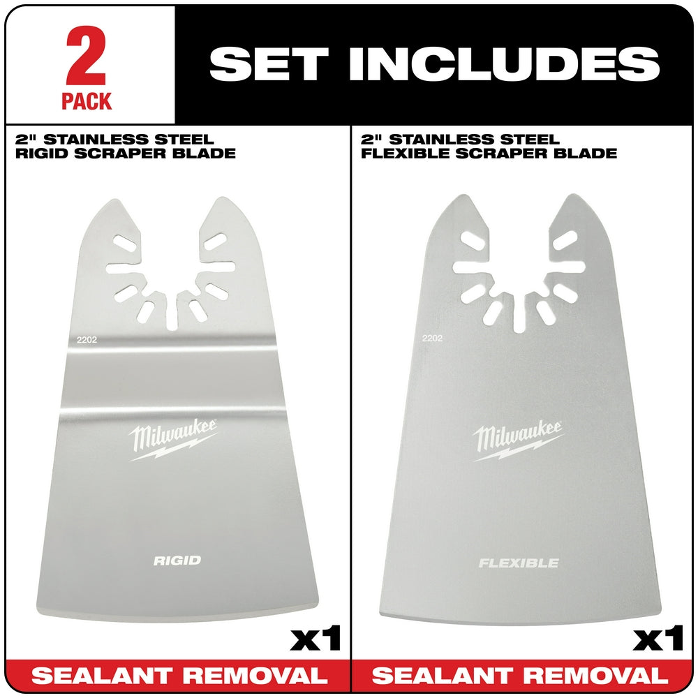 Two 2-inch stainless steel OPEN-LOK scraper blades: one rigid and one flexible, with perforated heads and Milwaukee branding.
