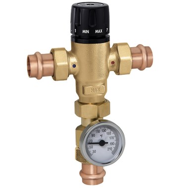 Brass 3-way mixing valve with black adjustment knob and attached temperature gauge showing MIN-MAX settings.