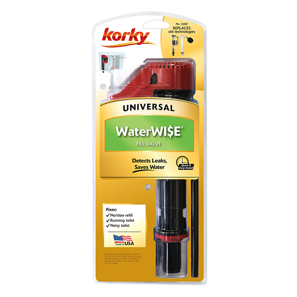 Korky WaterWISE toilet fill valve 528Z in red and black plastic casing on yellow packaging with product information.