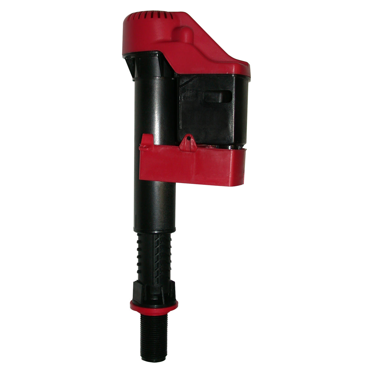 Korky 528Z toilet fill valve with red and black plastic components and threaded inlet connection.