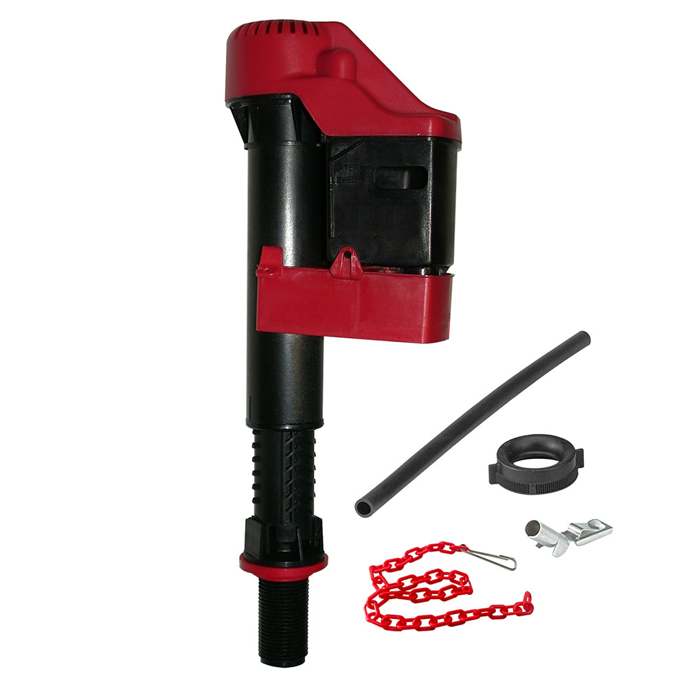Korky toilet fill valve with red and black components, including inlet tube, nut, chain, and metal hardware.