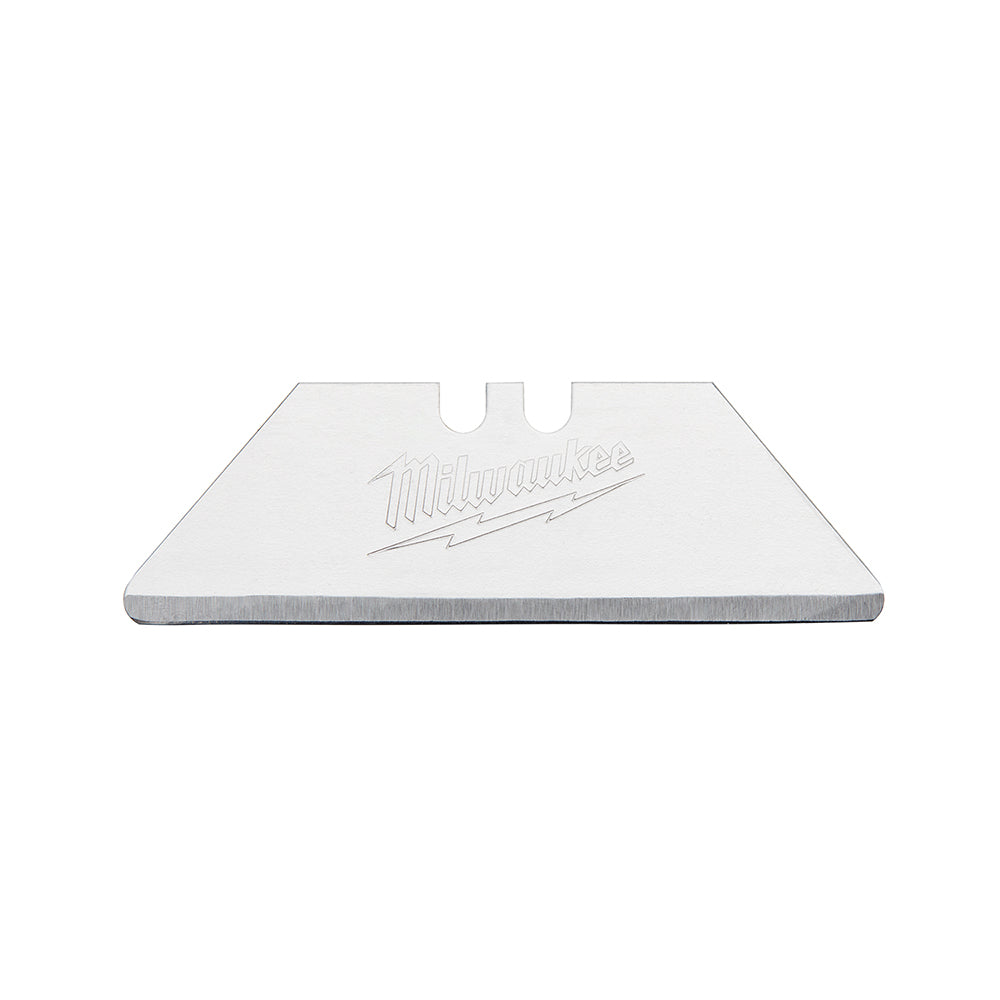 Silver Milwaukee utility knife blade with trapezoid shape and center slot for blade holder attachment.