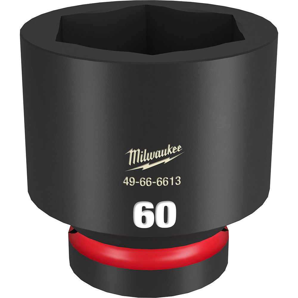 Black Milwaukee Shockwave 60MM impact socket with hexagonal opening and red grip ring on base.