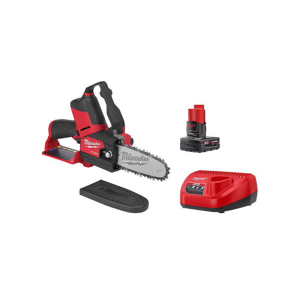 Milwaukee M12 FUEL pruning saw with 6-inch bar, battery, charger, and protective shoe included.