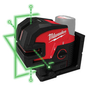 Milwaukee M12 laser level with red and black housing projecting green cross lines and four corner points.