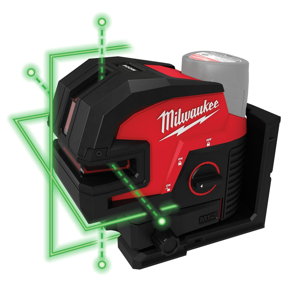 Milwaukee M12 laser level with red and black housing projecting green cross lines and four corner points.