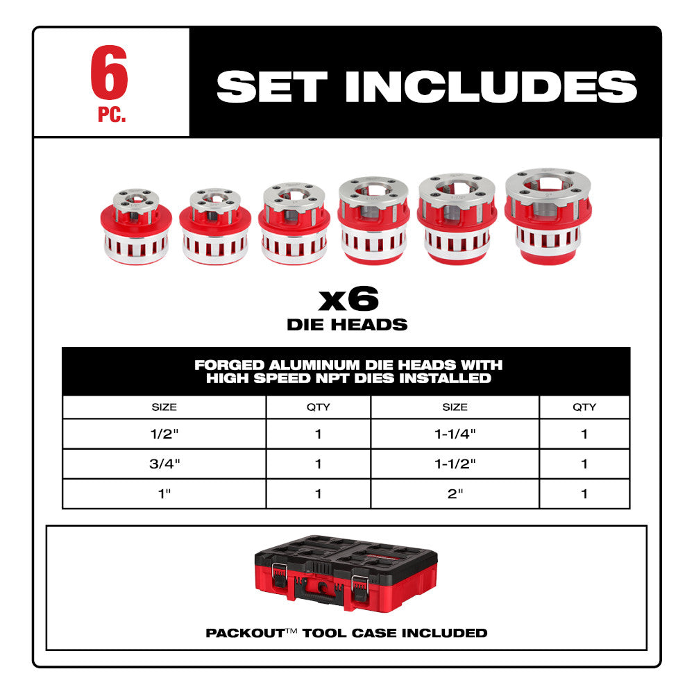 Six red and white forged aluminum NPT die heads ranging from 1/2" to 2" with included red and black plastic tool case.