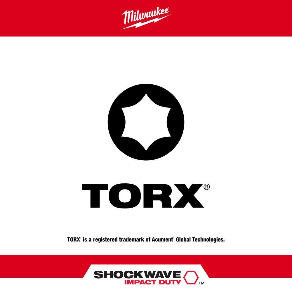 Torx logo and symbol with Milwaukee and Shockwave branding on red and white background.