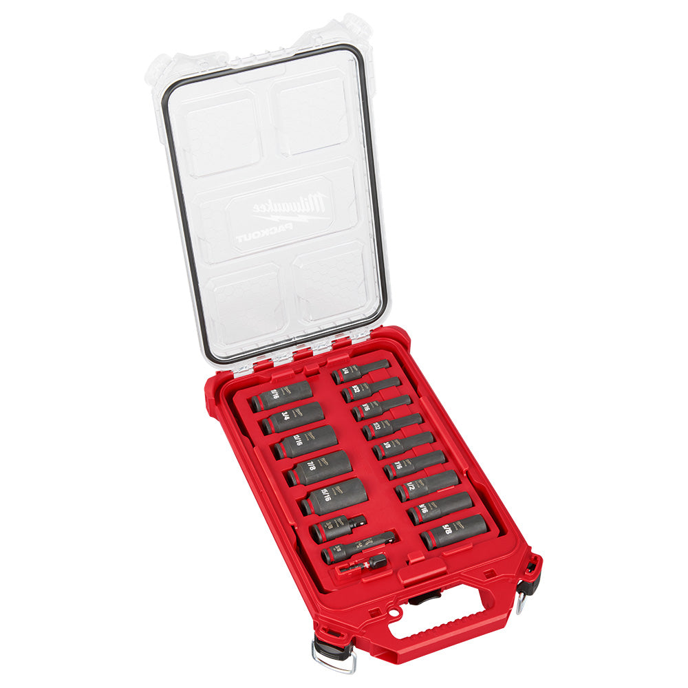 Red Milwaukee PACKOUT case with clear lid containing 17 black impact sockets arranged in rows.