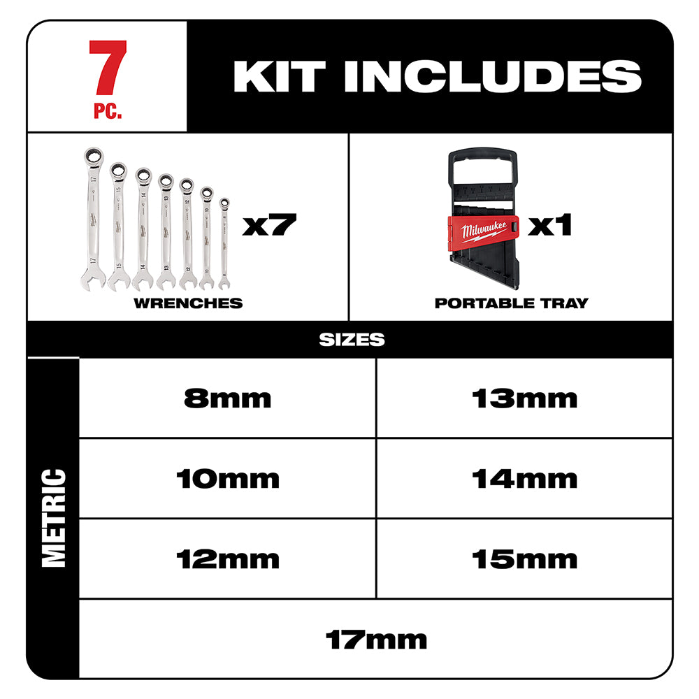 Seven metric ratcheting combination wrenches in sizes 8mm to 17mm with black and red portable storage tray.
