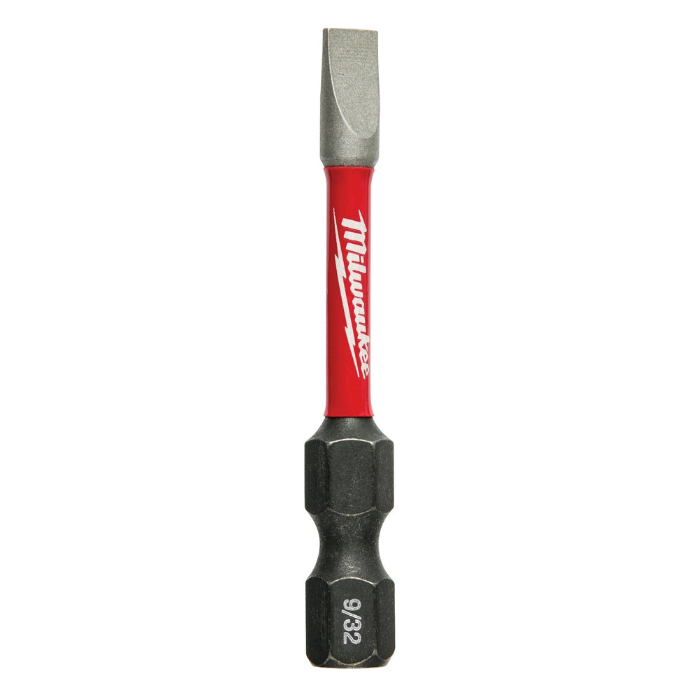 Single Milwaukee Shockwave slotted power bit with gray tip, red shaft, and black hex shank marked "9/32".