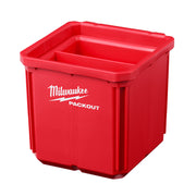 Red Milwaukee PACKOUT storage bin with open top and internal divider compartment.