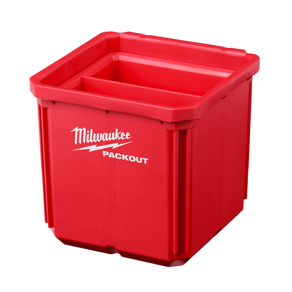 Red Milwaukee PACKOUT storage bin with open top and internal divider compartment.