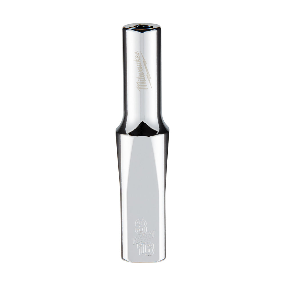 Chrome plated deep socket with 6-point hex drive and Milwaukee branding visible on the body.