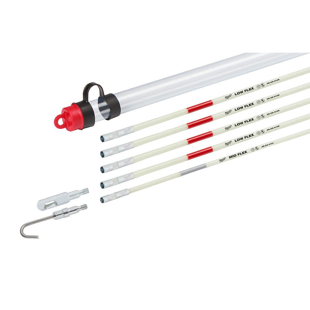 Fish stick cable pulling kit with clear tubing, red and cream-colored rods labeled "Low Flex" and "Mid Flex," black handle, a