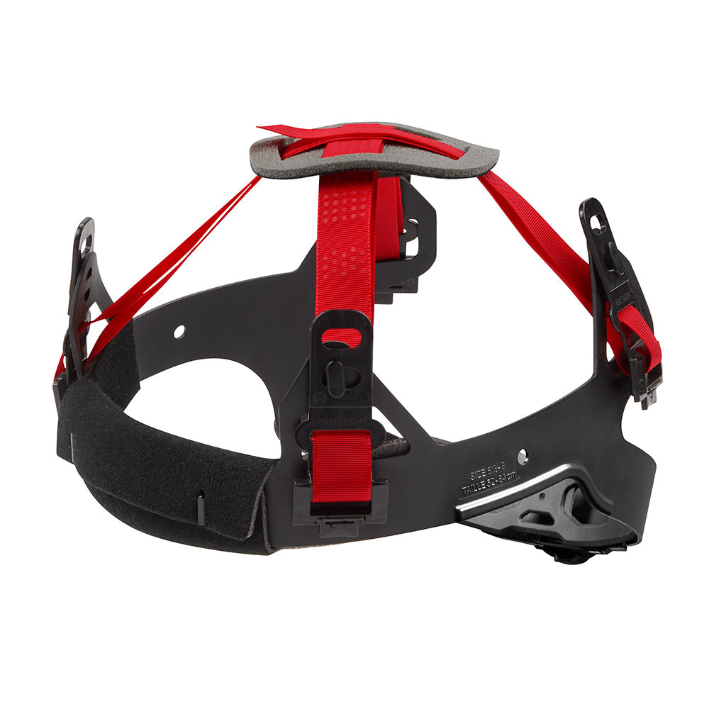 Red and black hard hat suspension system with gray foam padding, red straps, and black adjustment mechanisms.