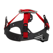 Red and black hard hat suspension system with gray foam padding, red straps, and black adjustment mechanisms.