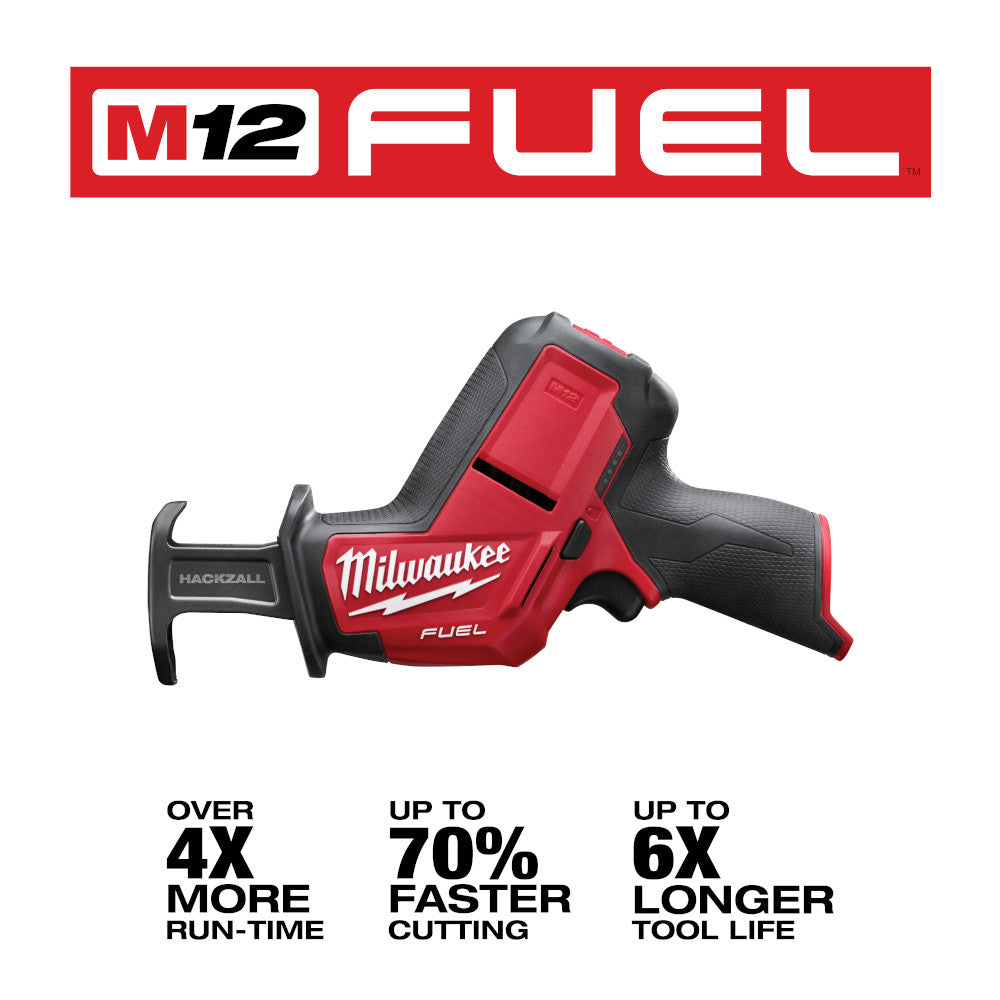 Red and black Milwaukee M12 FUEL reciprocating saw with textured grip and battery slot visible on top.