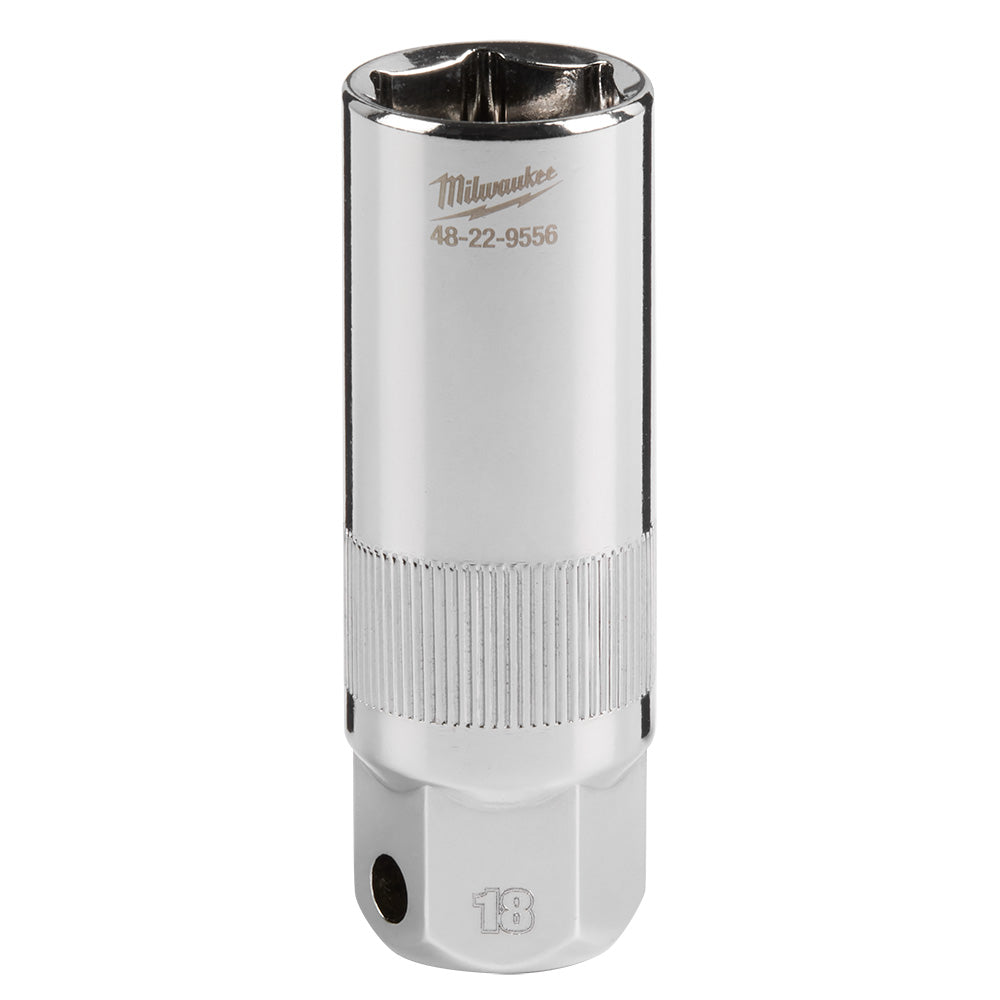 Milwaukee 3/8" drive 18MM spark plug socket with chrome finish and knurled grip band.