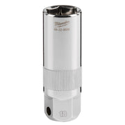 Milwaukee 3/8" drive 18MM spark plug socket with chrome finish and knurled grip band.