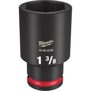 Black Milwaukee 1 3/8" deep impact socket with 1/2" drive and red grip band at base.
