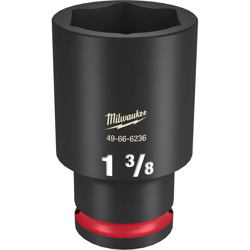 Black Milwaukee 1 3/8" deep impact socket with 1/2" drive and red grip band at base.