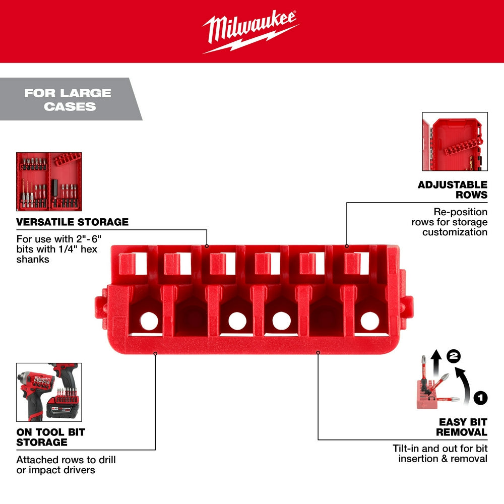 Five red plastic storage rows with adjustable compartments for impact driver bits and accessories.