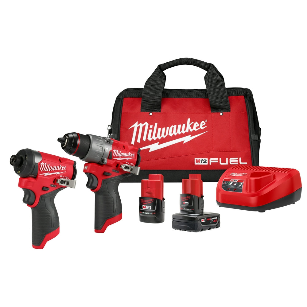 Milwaukee M12 FUEL combo kit with red canvas bag, two cordless tools, two batteries, and red charger.