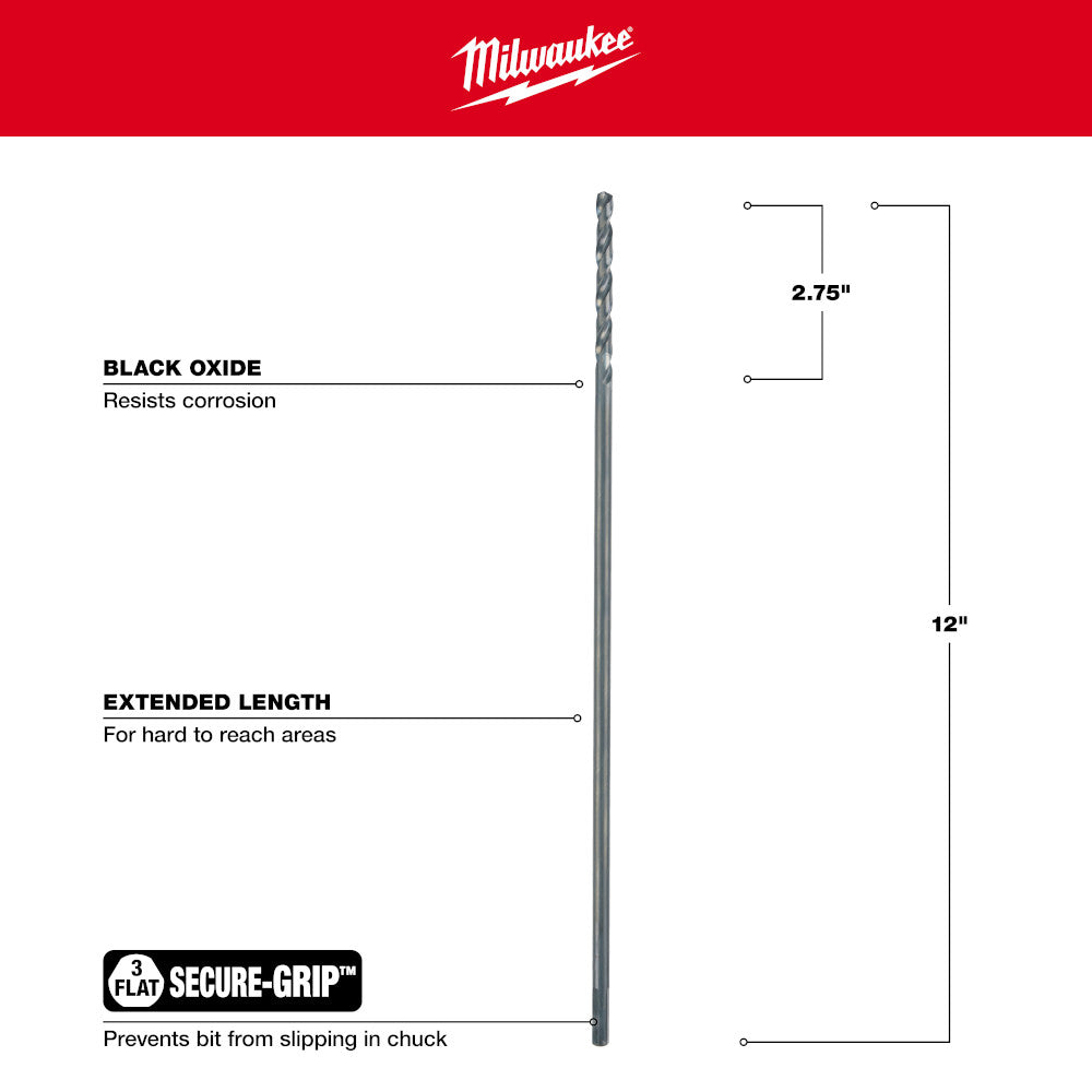 Black oxide aircraft length drill bit, 1/4 inch diameter, 12 inches long with extended length design.