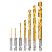 Seven titanium drill bits with gold coating and gray hex shanks, arranged in increasing size from left to right.
