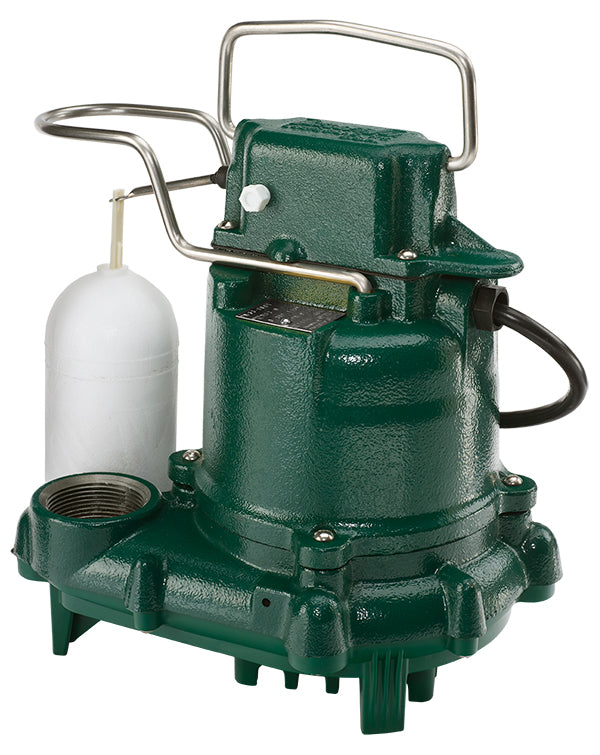 Green cast iron sump pump with white float switch and black power cord attached.