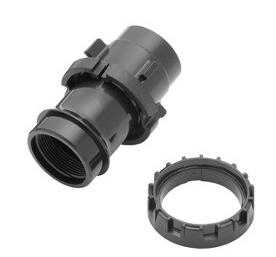Black plastic urinal guide assembly with cylindrical connector and threaded ring component.