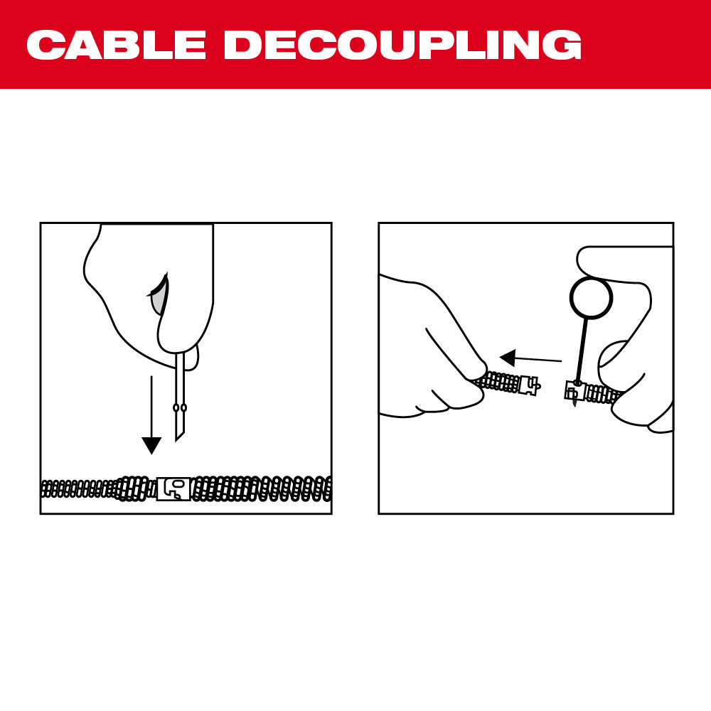 Instructional diagram showing cable decoupling steps with hands disconnecting sectional auger cable segments.