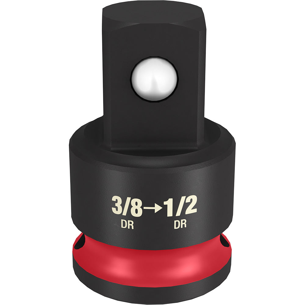 Black and red socket adapter with 3/8" to 1/2" drive conversion marked on barrel and ball detent visible at top.