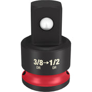 Black and red socket adapter with 3/8" to 1/2" drive conversion marked on barrel and ball detent visible at top.