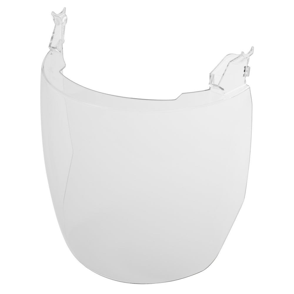 Clear protective face shield lens with mounting clips for no-brim helmet attachment.