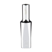 Chrome-plated steel deep socket with square drive at top and 6-point hexagonal opening at bottom.