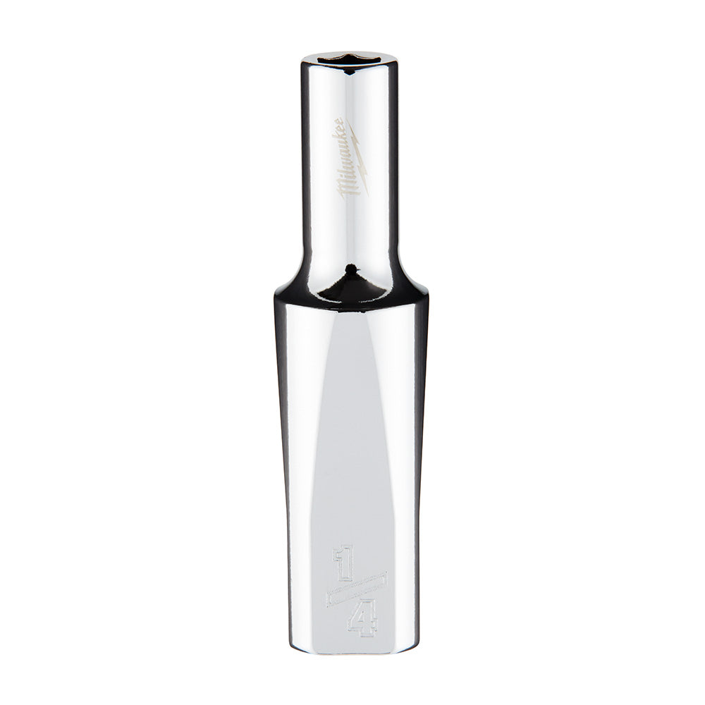 Chrome-plated steel deep socket with square drive at top and 6-point hexagonal opening at bottom.