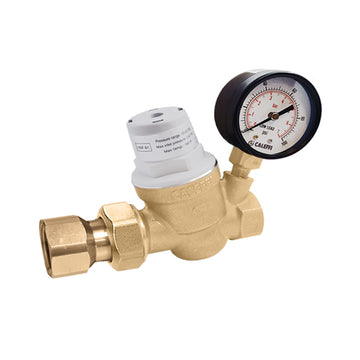 Brass pressure relief valve with white adjustment cap and black pressure gauge dial.