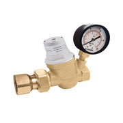 Brass pressure relief valve with white adjustment cap and black pressure gauge dial mounted on side.