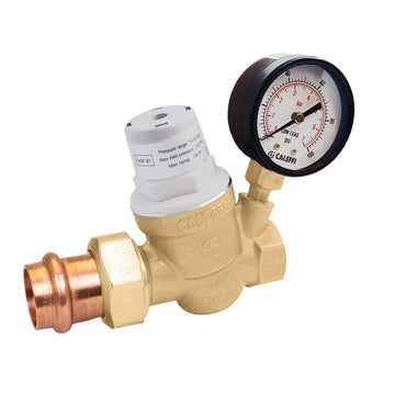Brass pressure relief valve with copper inlet union and attached pressure gauge with black face.