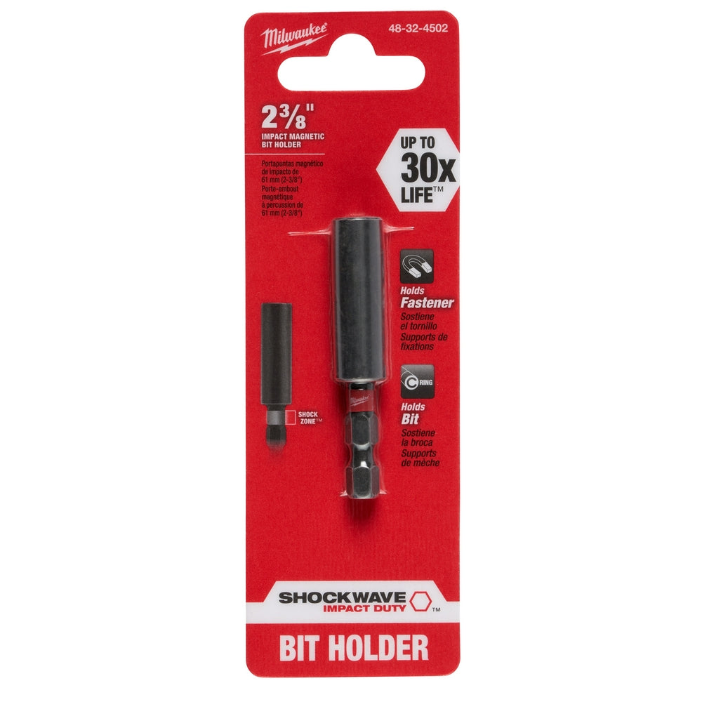 Milwaukee Shockwave 2-3/8 inch compact magnetic bit holder with impact duty construction and shock zone technology.